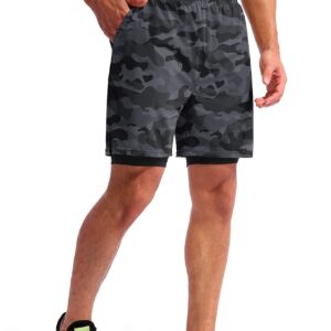 Pudolla Men’s 2 in 1 Running Shorts 7" Quick Dry Gym Athletic Workout Shorts for Men with Phone Pockets(Black Camo Large)