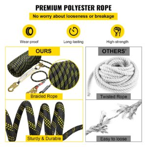 VEVOR Climbing Rope, Fall Protection Safety Rope, 25 50 100 150ft Vertical Tree Stand safety Rope Line Kit Safety Harness for Roofing Work with Alloy Steel Rope Grab, Two Snap Hooks, Shock Absorber