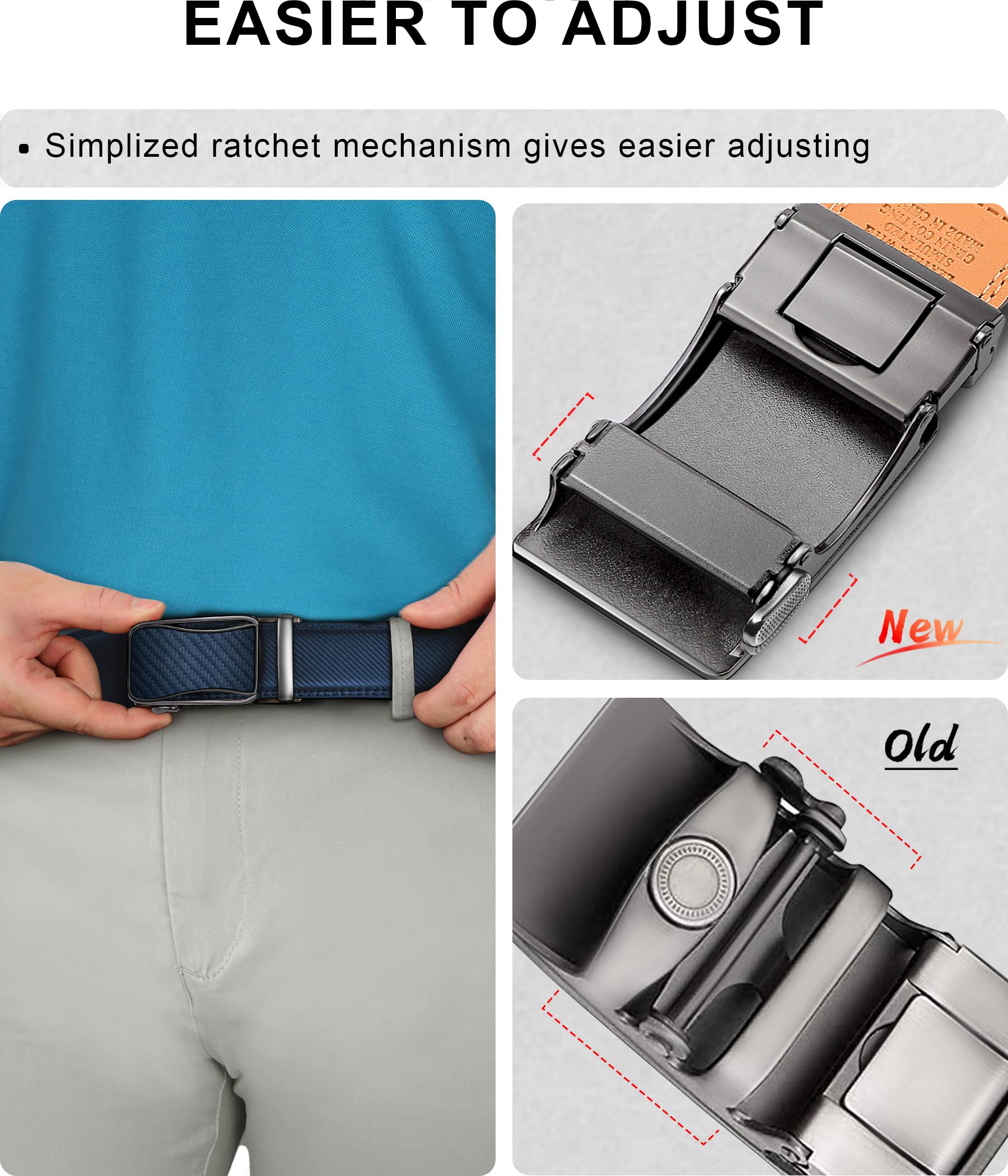 KEMISANT Mens Ratchet Belt 2 Units,Sliding Belt For Gift Mens Dress Casual 1 3/8",Size Adjustable(Black/Blue,38"-44" Waist Adjustable)