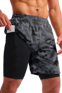 pudolla men’s 2 in 1 running shorts 7" quick dry gym athletic workout shorts for men with phone pockets(black camo large)