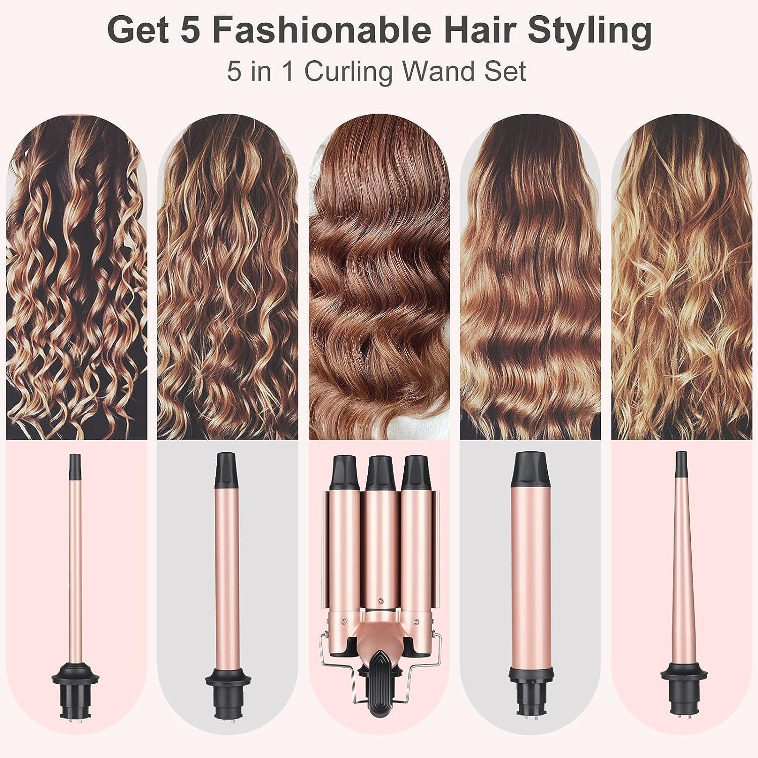 Beach Waver Curling Iron Wand Set 5 in 1 Hair Curlers Waver Crimper Tool for Women Man 3/8 inch - 1 1/4 inch Curling Wands with Attachments for Hair Curly Hairstyle