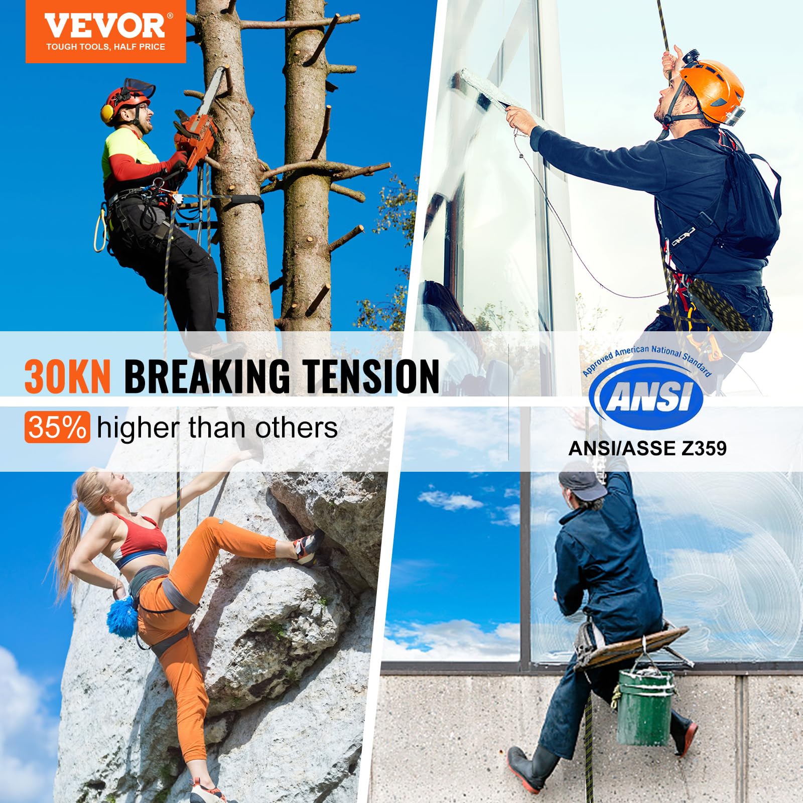 VEVOR Climbing Rope, Fall Protection Safety Rope, 25 50 100 150ft Vertical Tree Stand safety Rope Line Kit Safety Harness for Roofing Work with Alloy Steel Rope Grab, Two Snap Hooks, Shock Absorber.