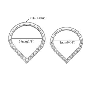 MissNity 16G 10mm Septum Rings 316L Surgical Steel Hinged Nose Hoop Ring 16 Gauge Clicker Segment Septum Jewelry Tear Drop Daith Earrings Body Piercing with Clear CZ, Silver