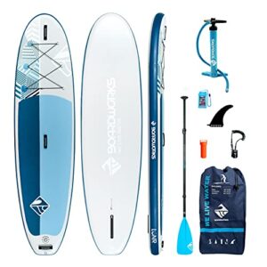 boardworks lūnr inflatable stand-up paddle board (isup) | sup package includes three piece paddle, carry bag, leash, phone case and pump (sup) complete kit | 10’5”, blue/white