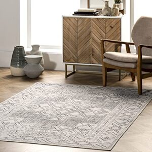 nuLOOM Mia Machine Washable Geometric Medallion Ultra Thin Area Rug, 8' x 10', Light Grey