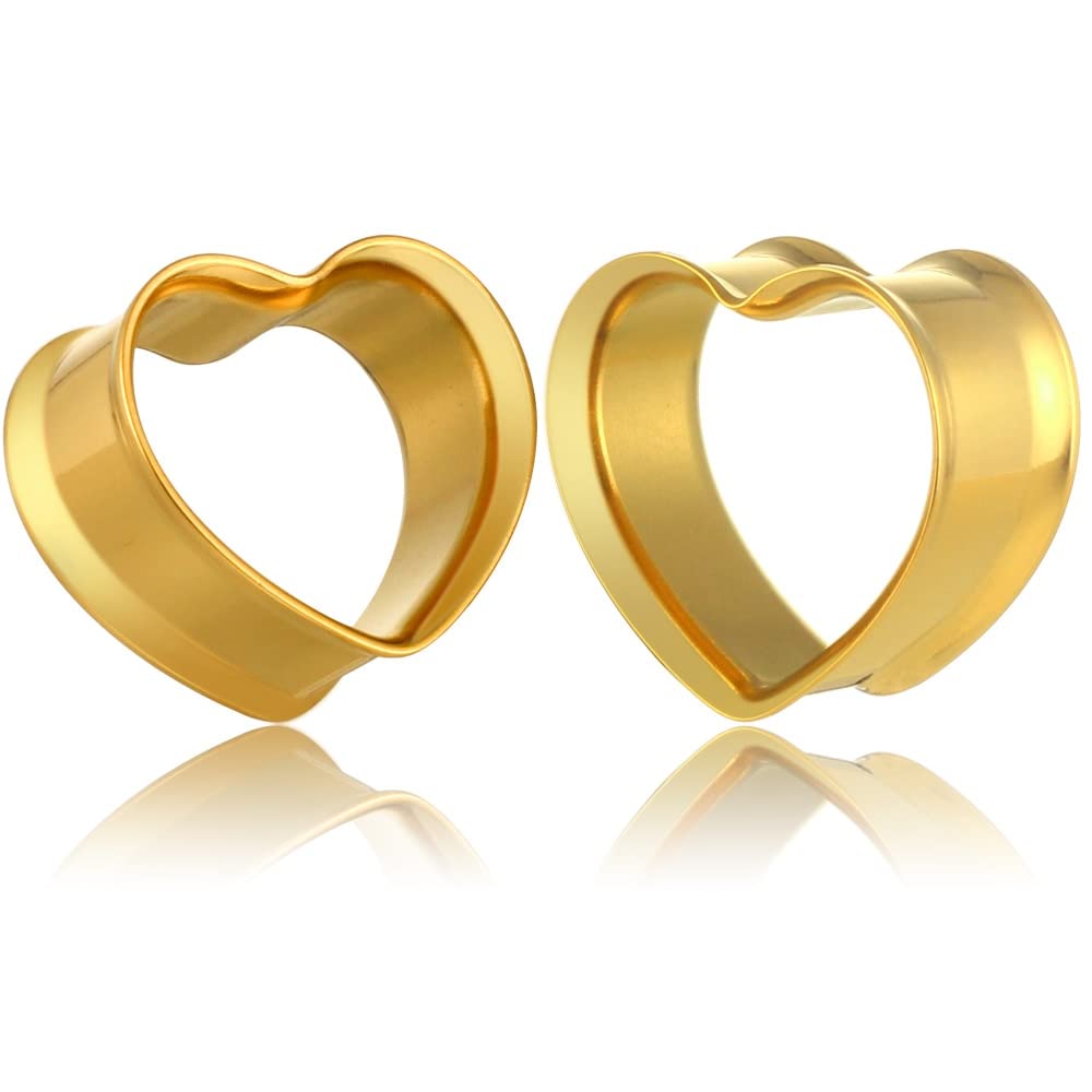 LADEMAYH 2 PCS Heart Ear Plugs Tunnels Body Piercing Basic Gauges for Women - Gold Stainless Steel 316L Pierced Hangers Earrings for Stretched Earlobe 10mm=00g