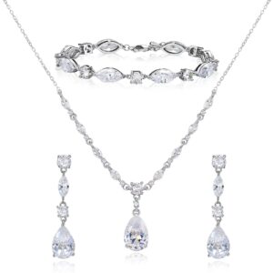 sweetv bridal jewelry set for wedding, cubic zirconia necklace dangle drop earrings bracelet set, teardrop marquise brides bridesmaids wedding prom anniversary jewelry gifts for women