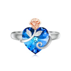 AOBOCO Sterling Silver Sapphire Blue Rose Rings Jewelry for Her Romantic Love Ring Wedding Gifts for Wife