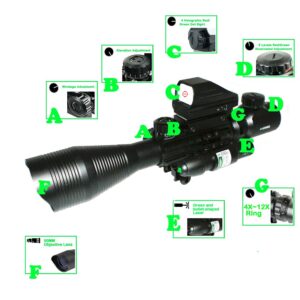 Rifle Scopes Combo 4-12X50eg Riflescopes Tactical Dual Illuminated Optical Holographic Red/Green Reflex Dot Sight Bullet-Shape Laser for Hunting Practitioner