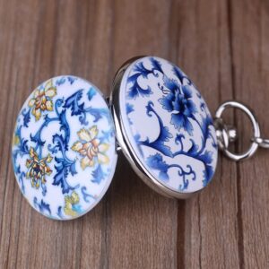 Whodoit Unique Design Blue and White Porcelain Flower Pocket Watches Roman Number Mechanical Pocket Watches