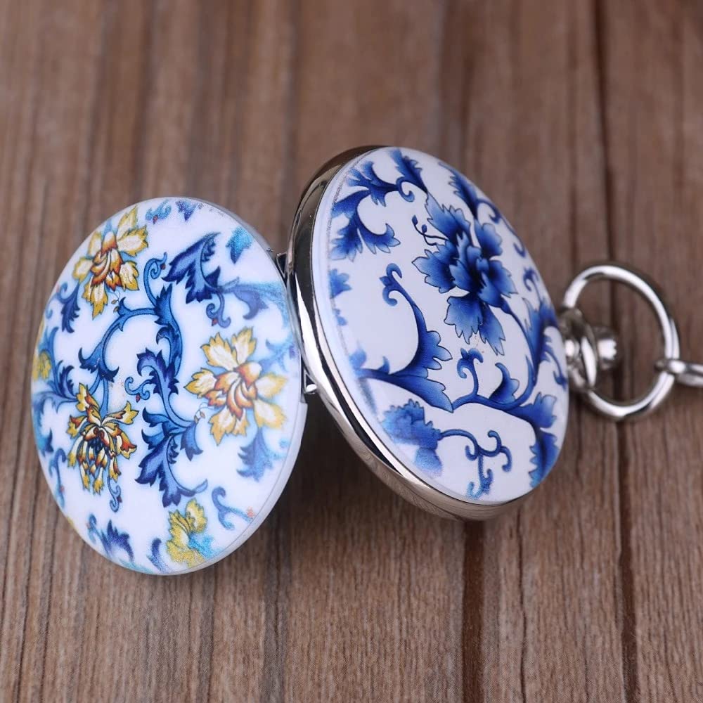 Whodoit Unique Design Blue and White Porcelain Flower Pocket Watches Roman Number Mechanical Pocket Watches