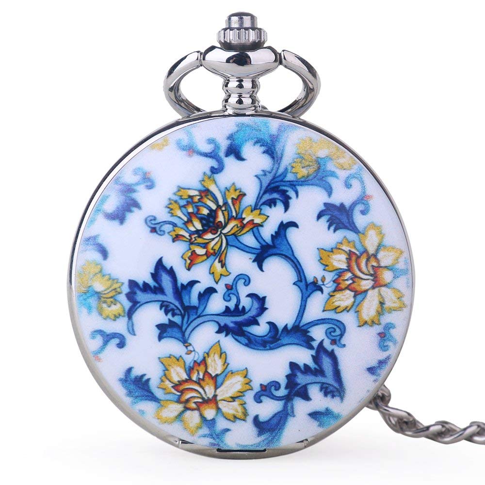 Whodoit Unique Design Blue and White Porcelain Flower Pocket Watches Roman Number Mechanical Pocket Watches