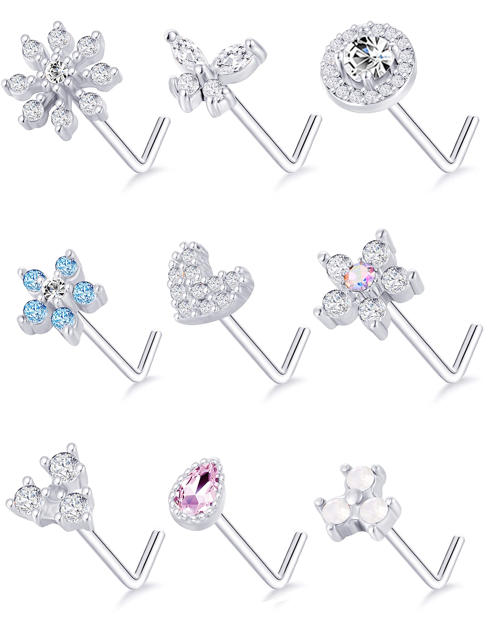 Tornito 9Pcs Nose Rings Stud L Shaped Nose Ring Flower CZ Snowflake Butterfly Screw Nose Stud Body Piercing Jewelry for Women Men 20G Silver Tone