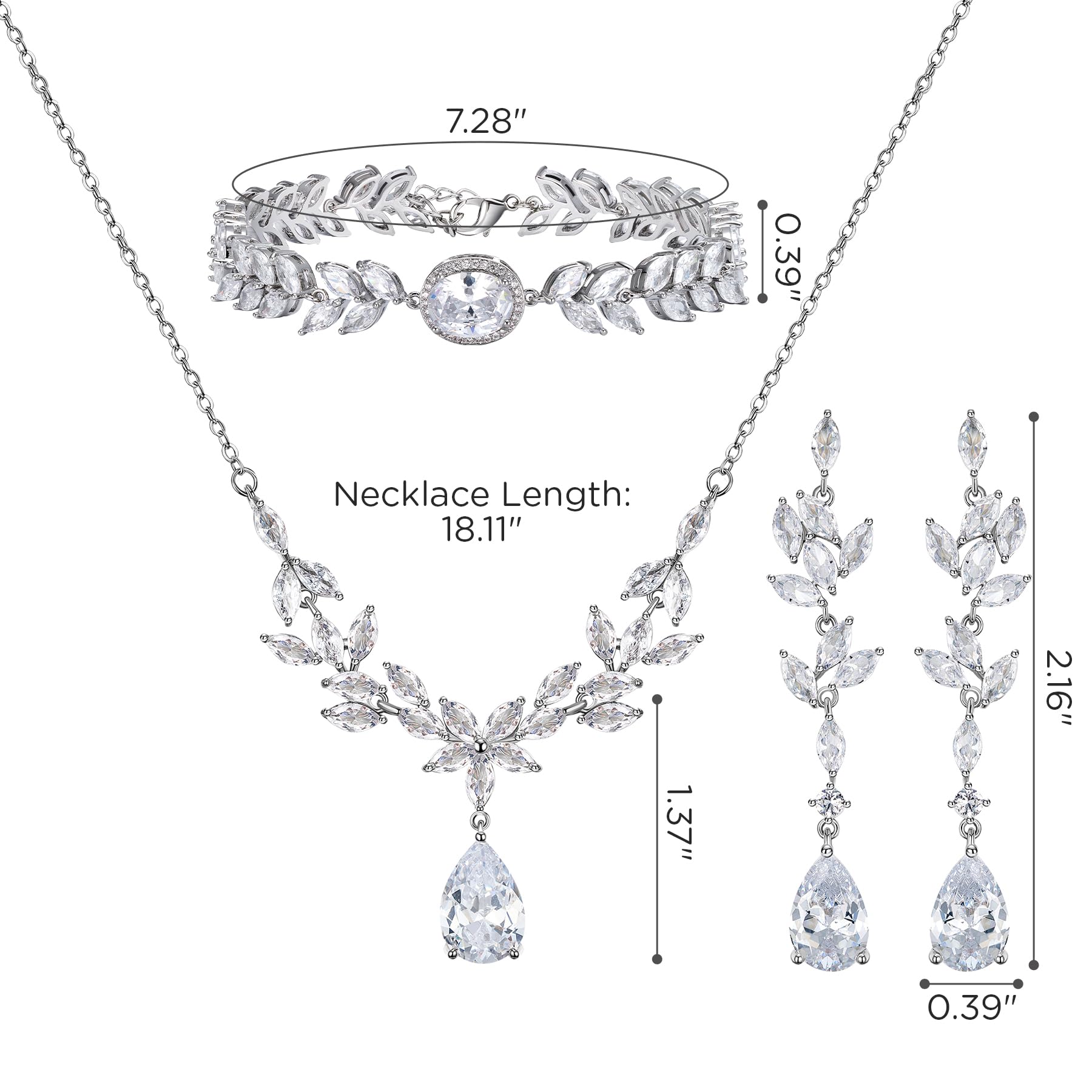 SWEETV Bridal Jewelry Set for Wedding, Cubic Zirconia Necklace Dangle Earrings Bracelet Set, Teardrop Marquise Brides Bridesmaids Wedding Prom Jewelry Sets for Women