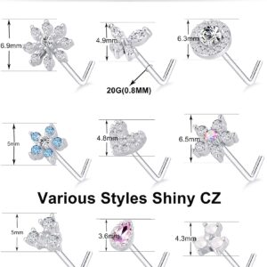 Tornito 9Pcs Nose Rings Stud L Shaped Nose Ring Flower CZ Snowflake Butterfly Screw Nose Stud Body Piercing Jewelry for Women Men 20G Silver Tone