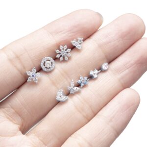 Tornito 9Pcs Nose Rings Stud L Shaped Nose Ring Flower CZ Snowflake Butterfly Screw Nose Stud Body Piercing Jewelry for Women Men 20G Silver Tone