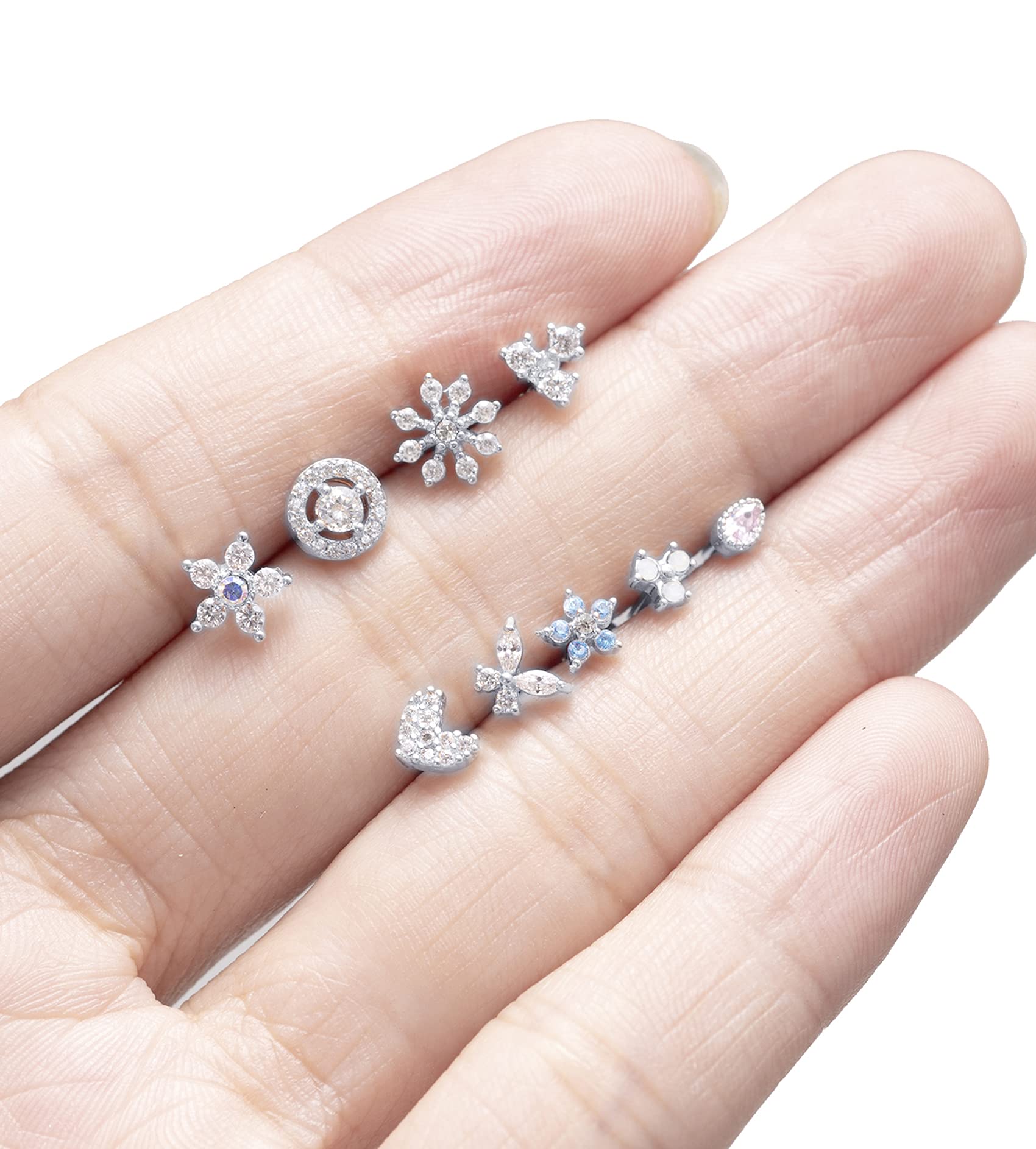 Tornito 9Pcs Nose Rings Stud L Shaped Nose Ring Flower CZ Snowflake Butterfly Screw Nose Stud Body Piercing Jewelry for Women Men 20G Silver Tone