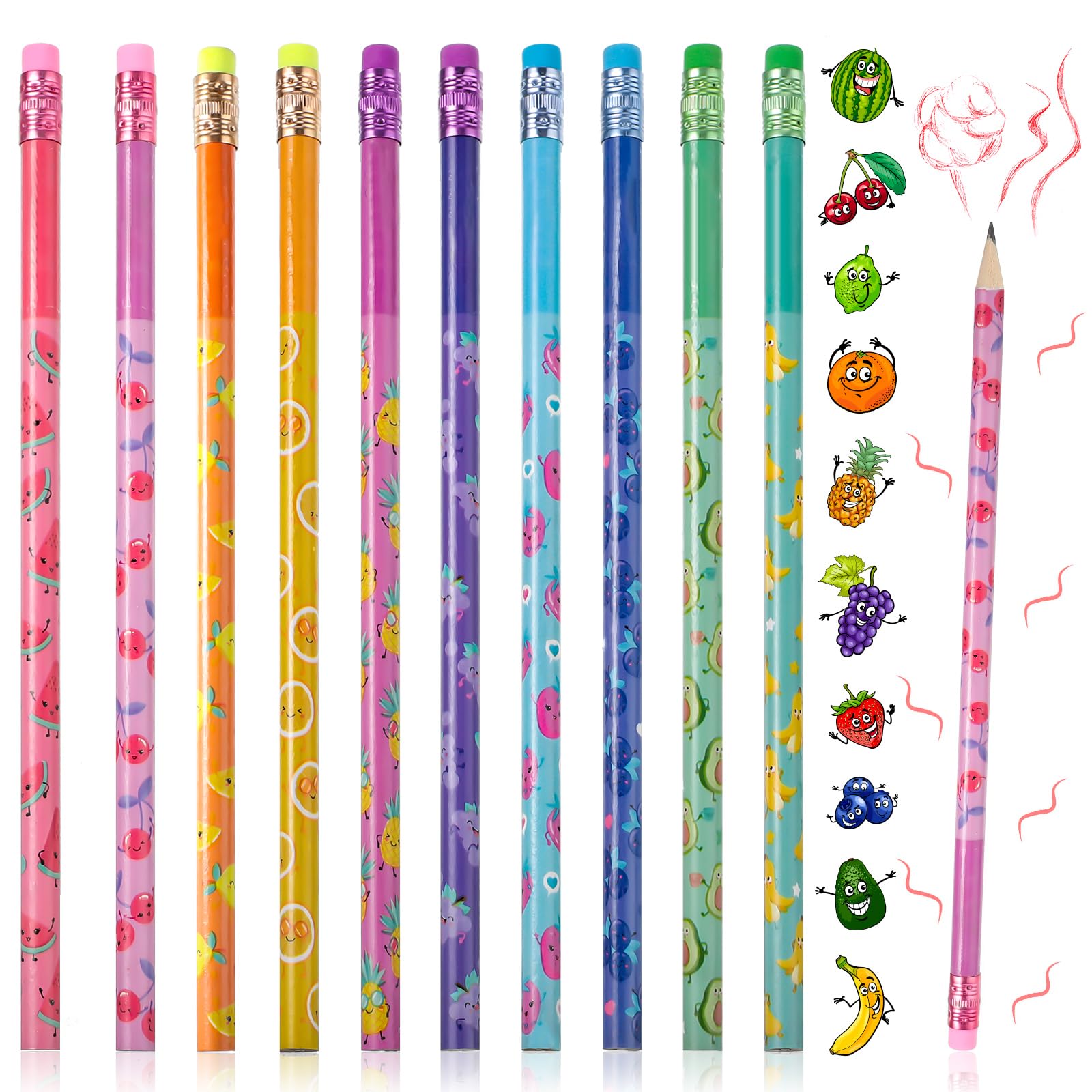 Outus 60 Pieces Scented Pencils for Kids Scented Pencils Bulk with Erasers Fruit HB Graphite Pencil School Classroom Stationery Party Reward Supplies for Boys Girls