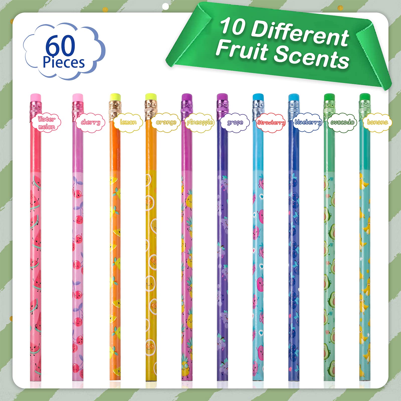 Outus 60 Pieces Scented Pencils for Kids Scented Pencils Bulk with Erasers Fruit HB Graphite Pencil School Classroom Stationery Party Reward Supplies for Boys Girls