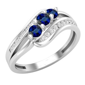 Dazzlingrock Collection Round Lab Created Blue Sapphire & Natural White Diamond Split Shank Bypass Twist Swirl Style Three Stone Engagement Ring | 925 Sterling Silver, Size 7