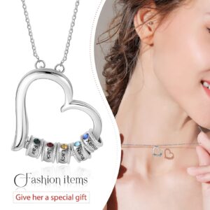 Wamantic Personalized Women's Pendant Necklace 925 Sterling Silver with 1-5 Simulated Birthstone Names Customized Heart Shape Cubic Zirconia Necklace For Christmas Gifts (5 Name&5 Stone)