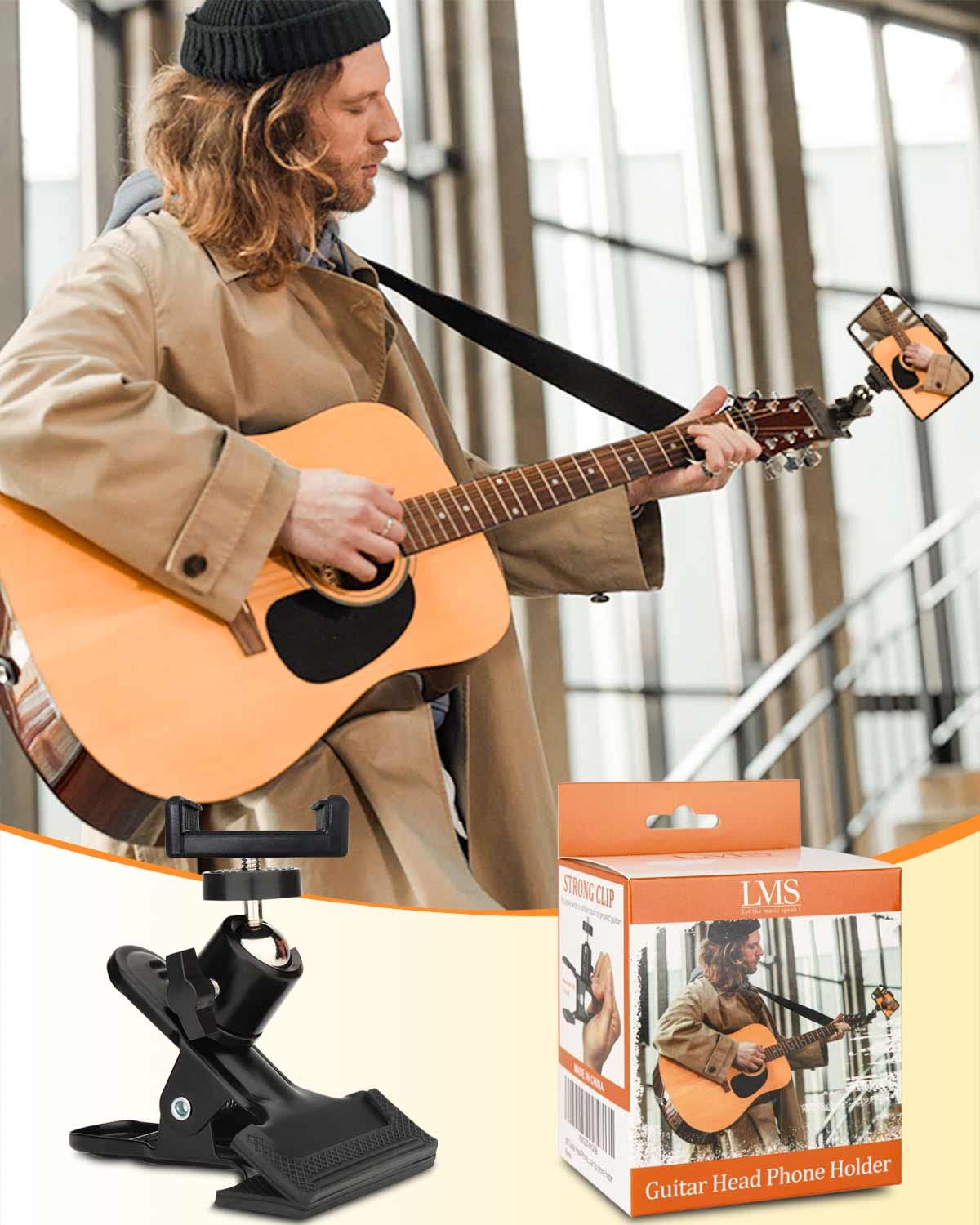 LMS Guitar Head Phone Holder Cell Phone Stand Clamp Phone Mount with 1/4 Ball Head Adapter Universal Guitar Head Clip for Bass Ukulele Multifunctional clip phone holder