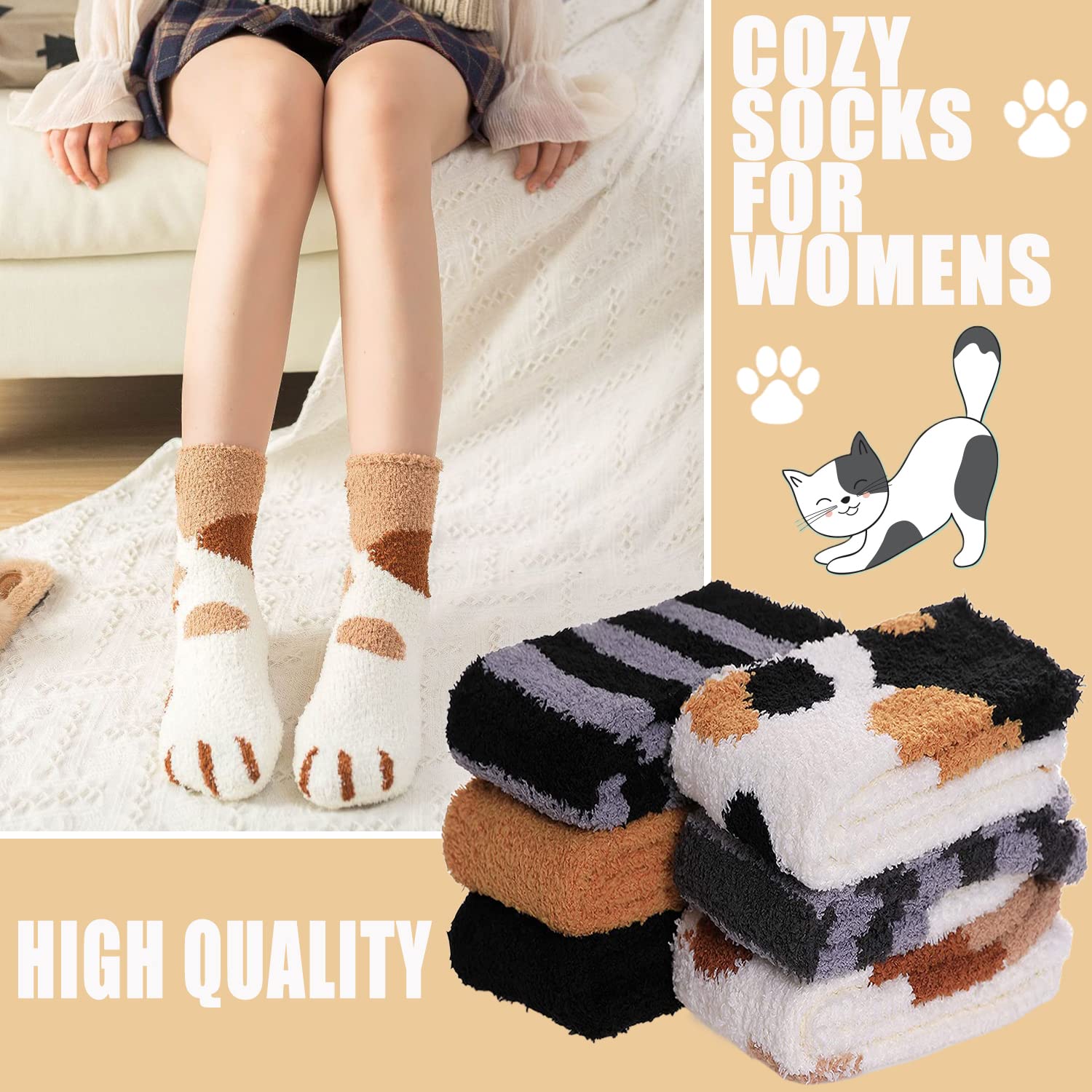 Ginmewrae Women Fuzzy Socks 6 Pairs Cozy Soft Fluffy Cute Cat Animal Slipper Socks Home Sleeping Warm Socks Christmas Gifts Pack for Women