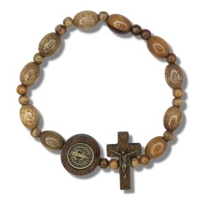 Catholic Saint Benedict Bracelet with Wooden Beads, San Benito Medal, and Crucifix, Religious Jewelry Blessing Bracelets Gift for Men and Women, One Size