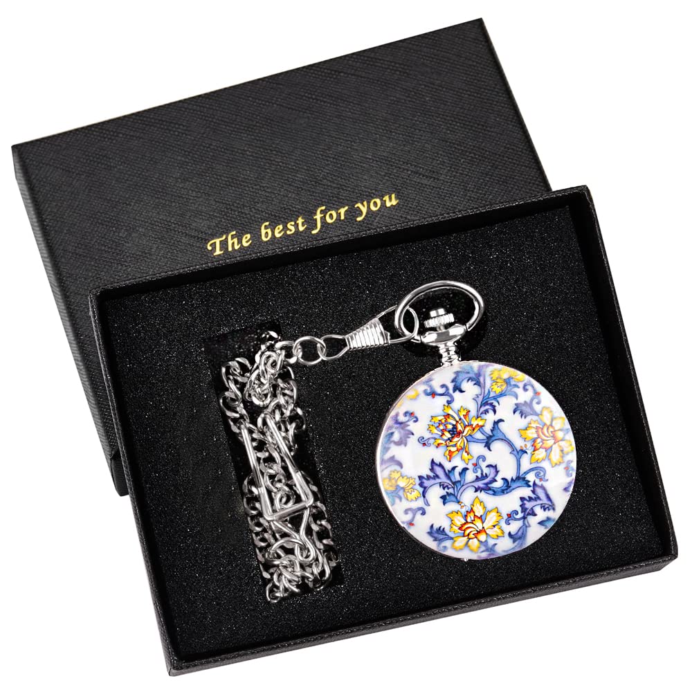 Whodoit Unique Design Blue and White Porcelain Flower Pocket Watches Roman Number Mechanical Pocket Watches