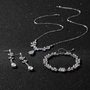 SWEETV Bridal Jewelry Set for Wedding, Cubic Zirconia Necklace Dangle Earrings Bracelet Set, Teardrop Marquise Brides Bridesmaids Wedding Prom Jewelry Sets for Women