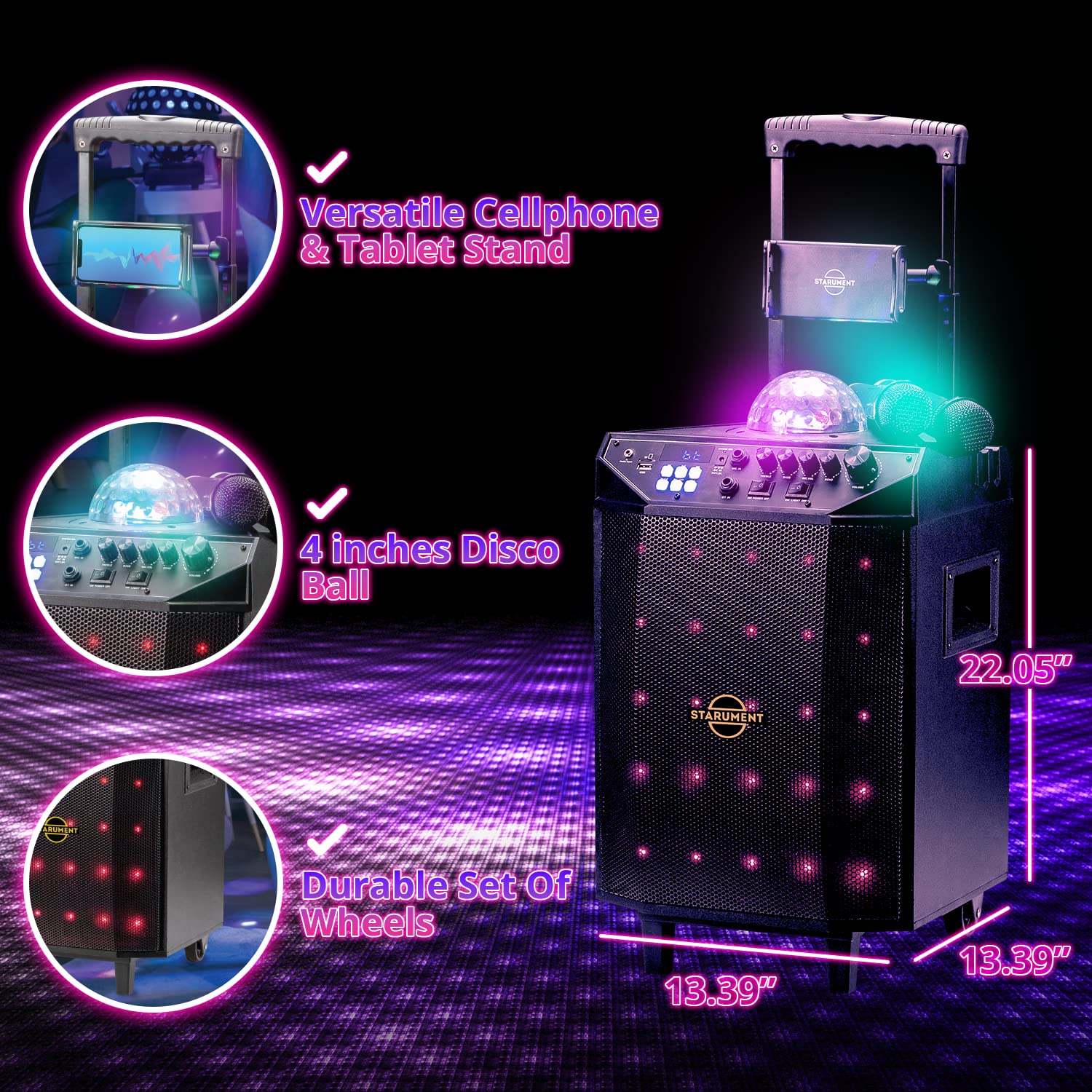 Starument Portable Karaoke Machine for Adults & Kids Complete Karaoke System Includes Bluetooth Speakers on Wheels, 2 Bluetooth Microphones, Disco Ball, LED Speaker Light, Cell Phone Stand & USB Aux