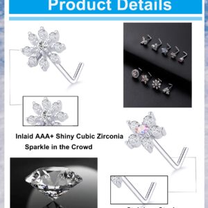 Tornito 9Pcs Nose Rings Stud L Shaped Nose Ring Flower CZ Snowflake Butterfly Screw Nose Stud Body Piercing Jewelry for Women Men 20G Silver Tone