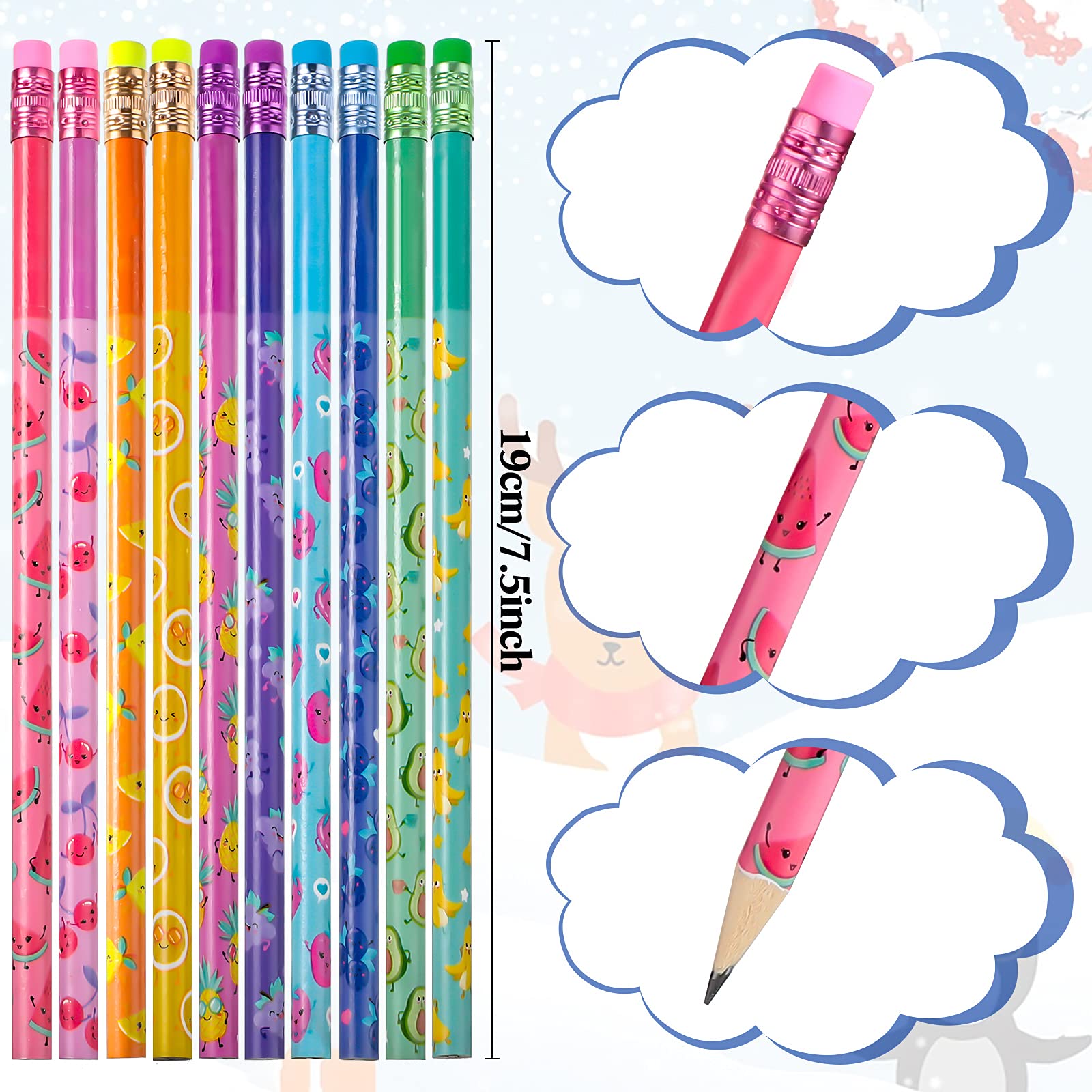 Outus 60 Pieces Scented Pencils for Kids Scented Pencils Bulk with Erasers Fruit HB Graphite Pencil School Classroom Stationery Party Reward Supplies for Boys Girls