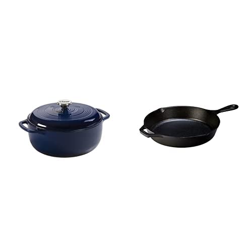 Lodge Enameled Dutch Oven, 6 Qt, Indigo & Pre-Seasoned Cast Iron Skillet, 10.25'', Black