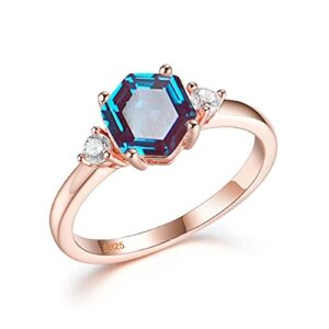 ITI KUOLOLIT Lab Alexandrite Gemstone Genuine 925 Sterling Silver Ring for Women 585 Rose Gold Plated Hexagon Cut Jewelry for Engagement Bride (Rose Gold Plated, 7)