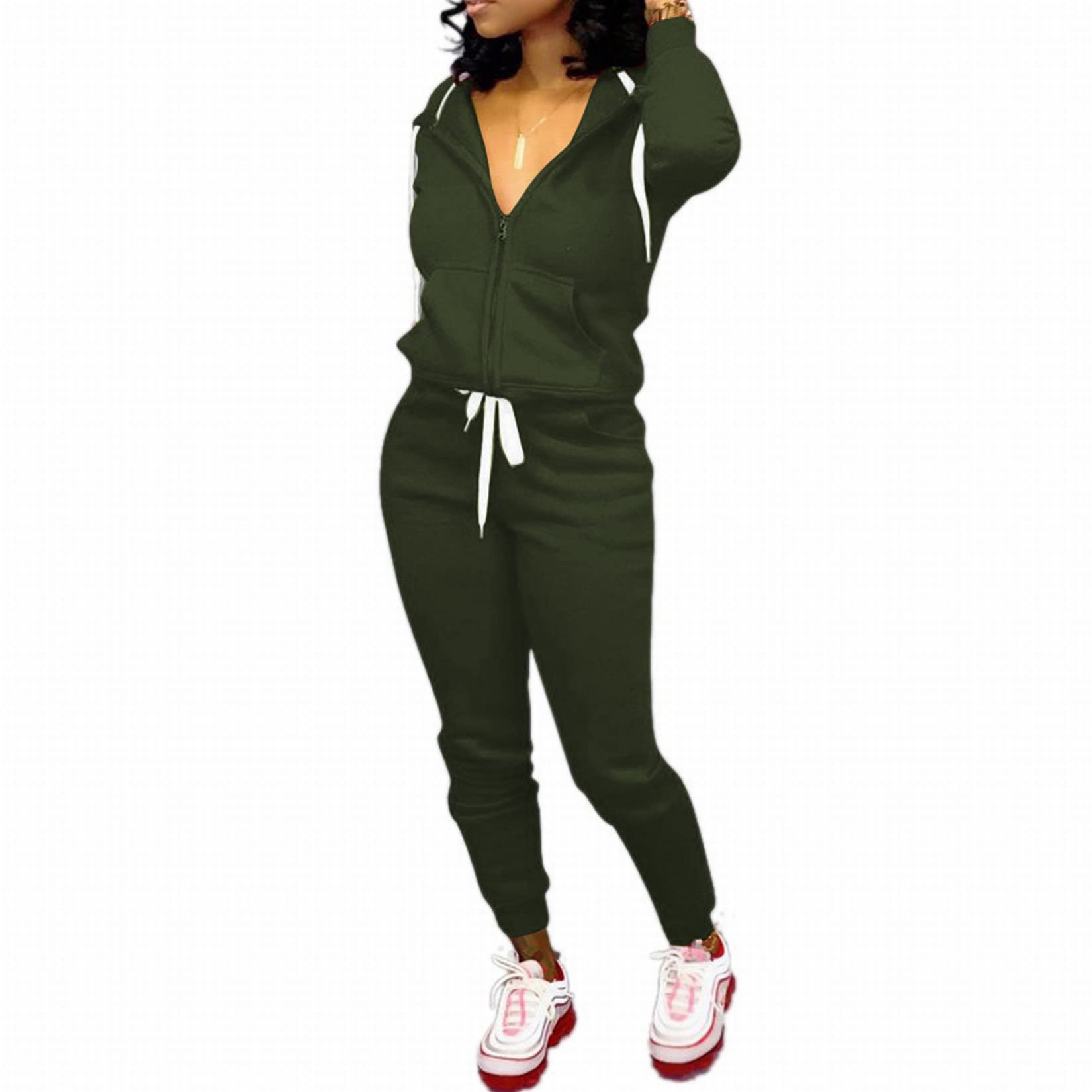 CLOCOR Track Suits for Women Set - Long Sleeve Casual Pullover Hoodie Solid Color Sport Suits with Pocket Army Green-XL