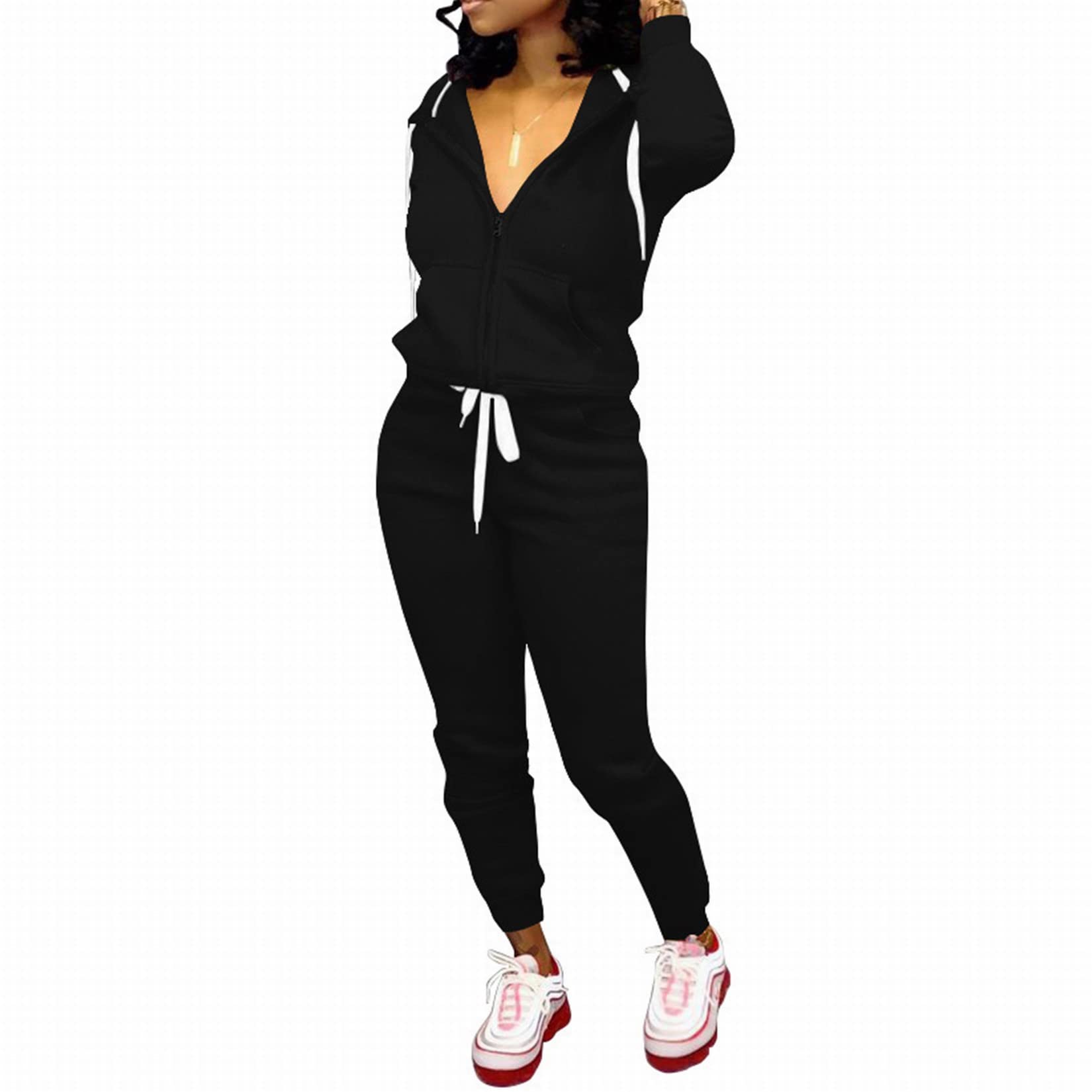 CLOCOR 2 Piece Outfits for Women - Casual 2 Piece Sweatsuit Pocket Tracksuit Long Sleeve with Patchwork Pants Set Black-1-L