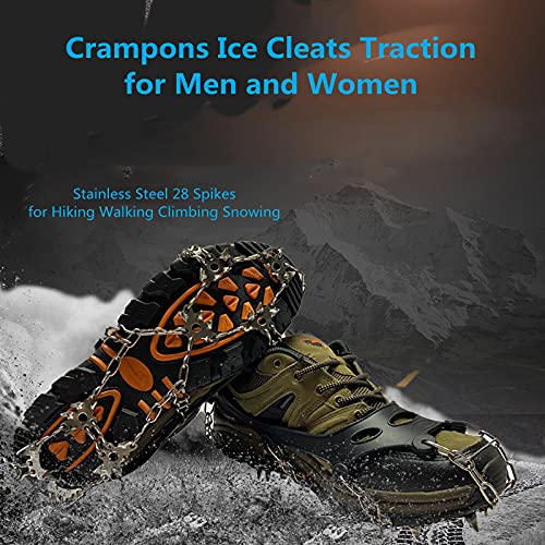 Crampons Ice Cleats Traction Snow Grips for Shoes and Boots Anti Slip Stainless Steel 28 Spikes Ice Crampons for Men Women Kids - Microspikes for Hiking, Walking, Climbing, Jogging, Ice Fishing Snow