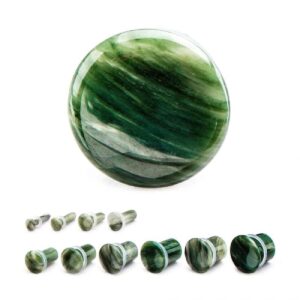 Pierced Owl Green Lined Jasper Natural Stone Single Flared with Clear Silicone O-Ring Plugs, Sold as a Pair (8mm (0GA))