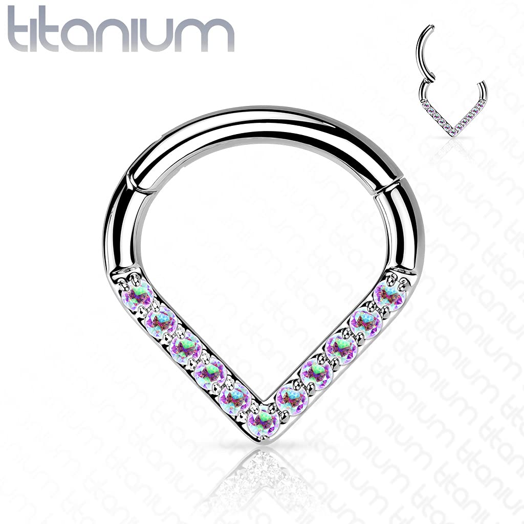 Dynamique Implant Grade Titanium Hinged Segment Hoop Ring With Single Line CZ Paved Chevron (Sold Per Piece)