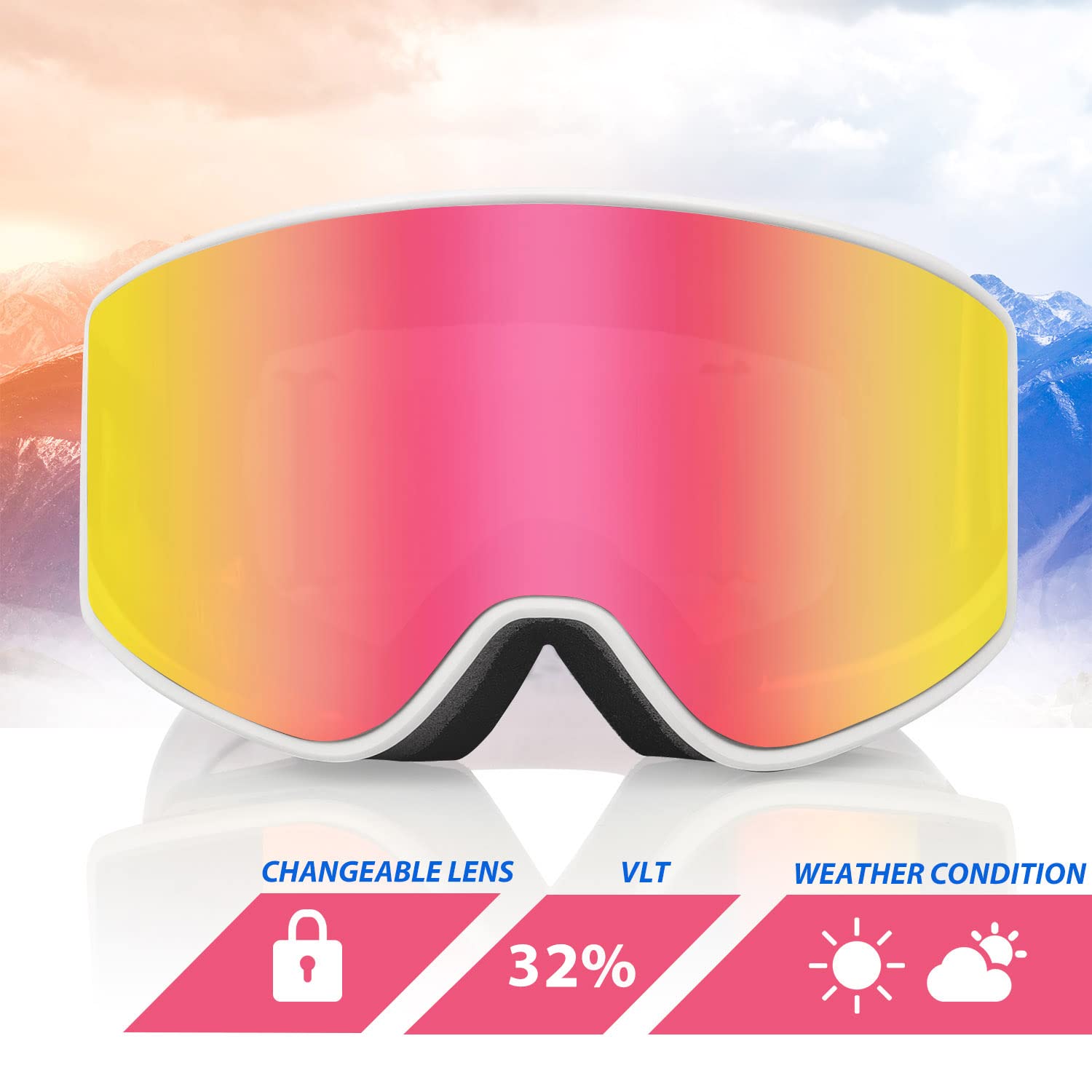 EXP VISION Ski Goggles Over Glasses Snow Goggles Anti Fog Snowboard Goggles for Men, Women Youth (Adult Ski Goggles-Pink)