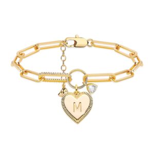 mevecco gold paperclip bracelet, 18k gold plated heart initial oval link bracelet dainty handmade letter charm bracelet for women jewelry