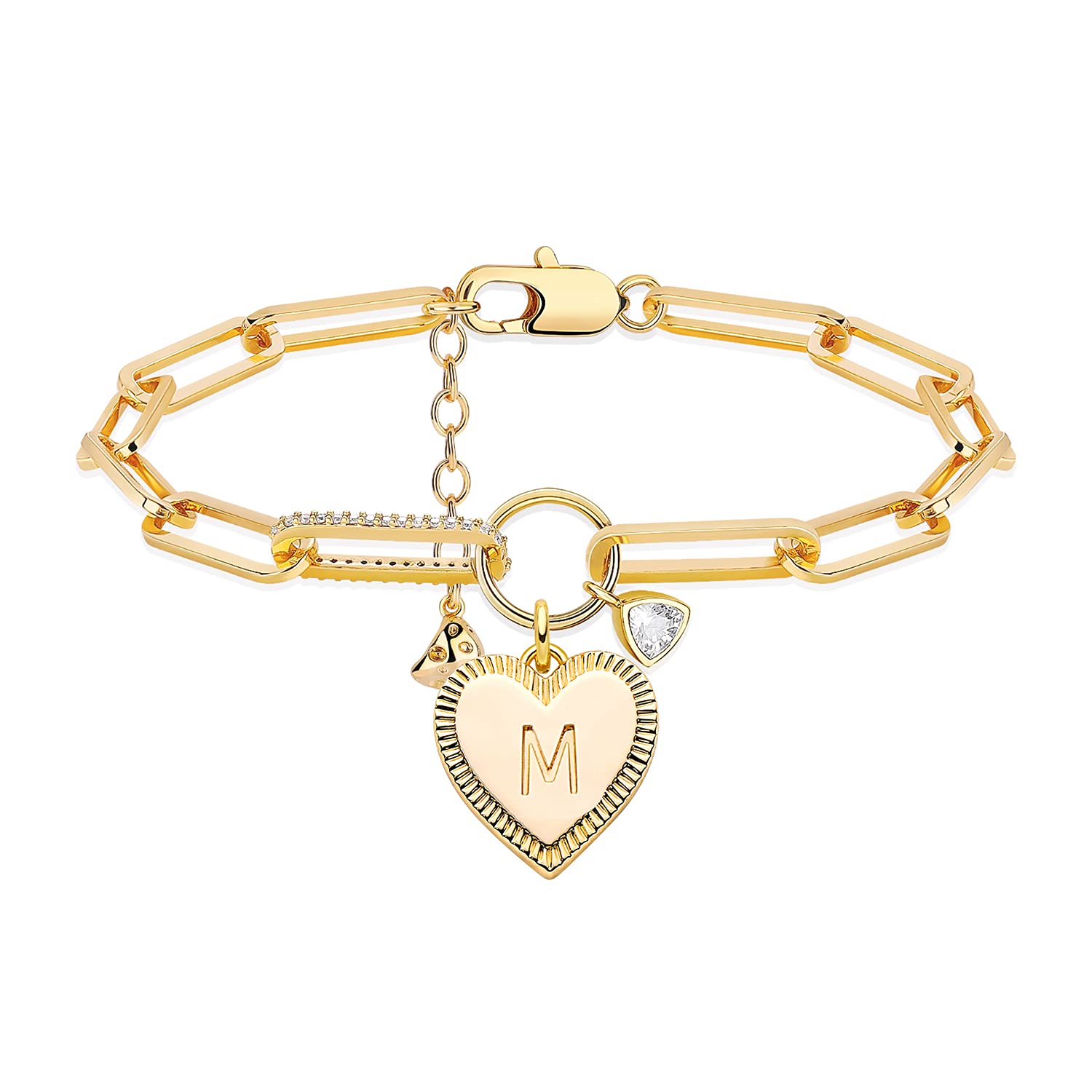 MEVECCO Gold Paperclip Bracelet, 18K Gold Plated Heart Initial Oval link Bracelet Dainty Handmade Letter Charm Bracelet for Women Jewelry