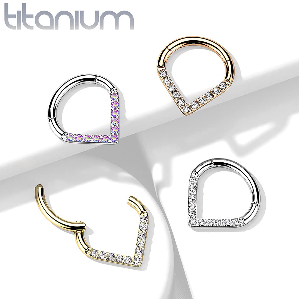 Dynamique Implant Grade Titanium Hinged Segment Hoop Ring With Single Line CZ Paved Chevron (Sold Per Piece)