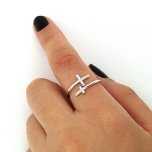 Sterling Silver 925 Cross Ring Double Cross CZ Open Ring Symbolic Jewelry (6)