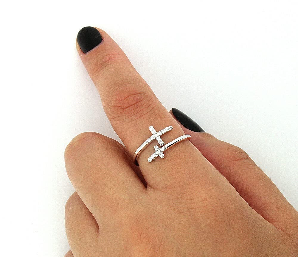 Sterling Silver 925 Cross Ring Double Cross CZ Open Ring Symbolic Jewelry (6)