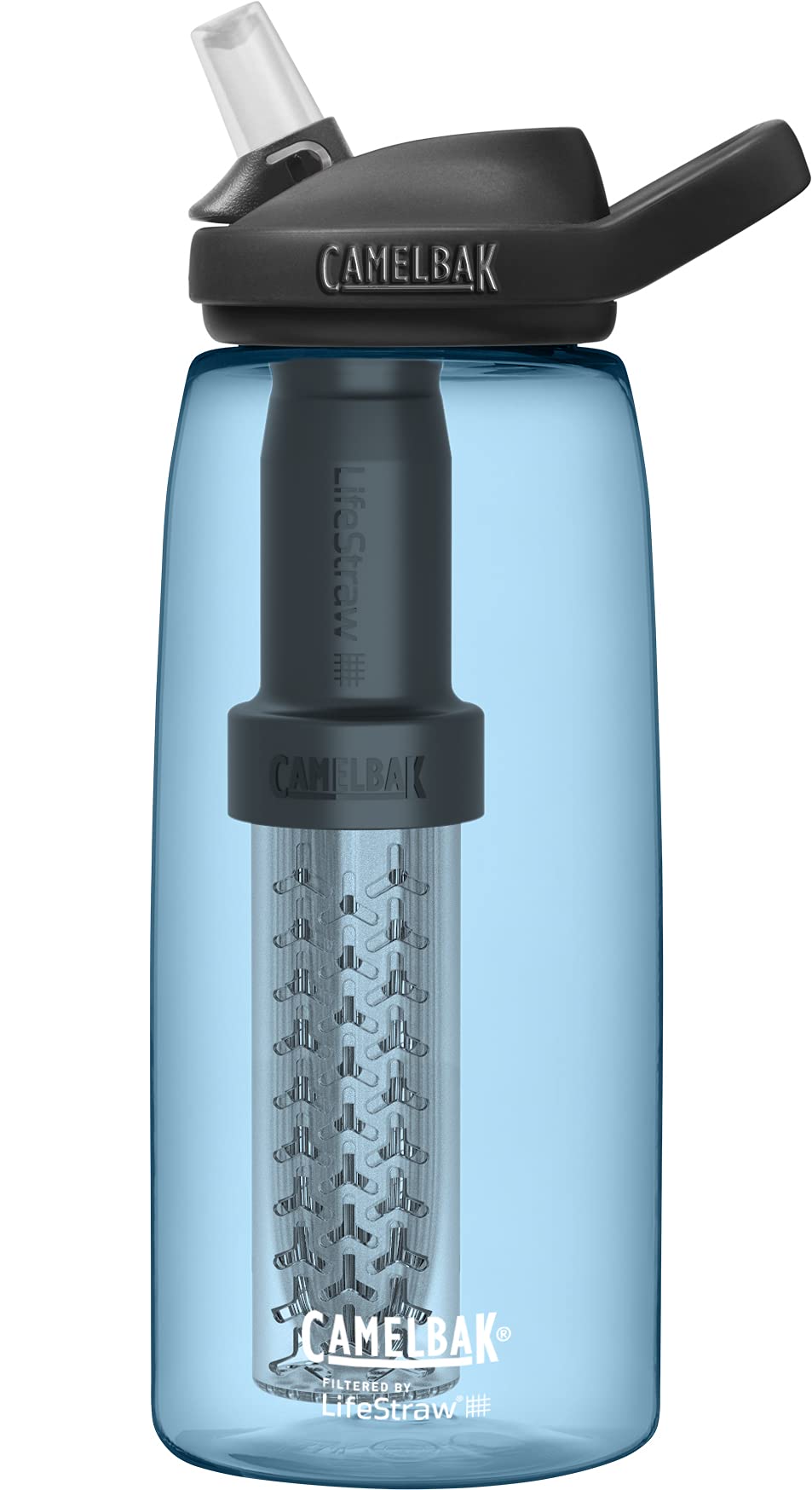 CamelBak eddy+ Water Filter Water Bottle by LifeStraw Integrated 2-Stage Filter Straw - For Hiking, Backpacking, Travel, and Emergency Preparedness - 32oz Tritan Renew, True Blue