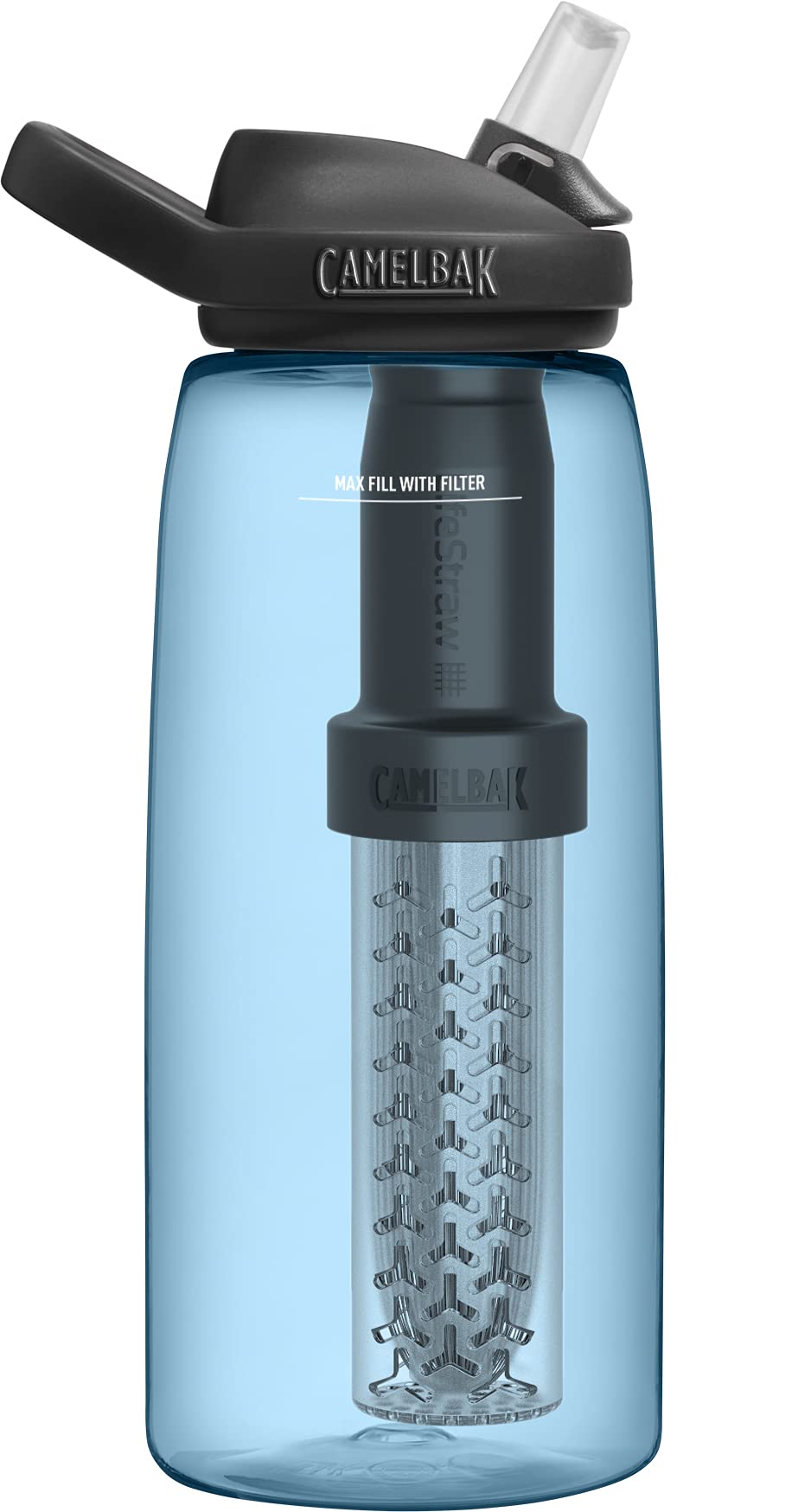 CamelBak eddy+ Water Filter Water Bottle by LifeStraw Integrated 2-Stage Filter Straw - For Hiking, Backpacking, Travel, and Emergency Preparedness - 32oz Tritan Renew, True Blue