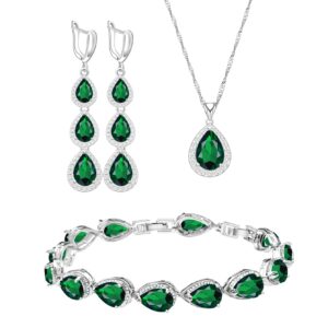 lmxxvj created teardrop green emerald jewelry set for women,white gold plated long earring necklace bracelet elegant set for women/mom/wife/sister/bridesmaid gift