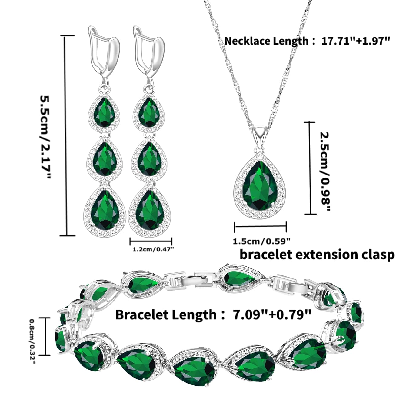 LMXXVJ Created Teardrop Green Emerald Jewelry Set for Women,White Gold Plated Long Earring Necklace Bracelet Elegant Set for Women/Mom/Wife/Sister/Bridesmaid Gift